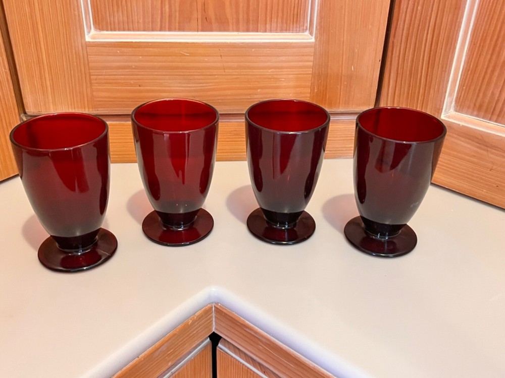 4 Anchor Hocking Royal Ruby Red Glass Footed Iced Tea Tumblers Set Vtg