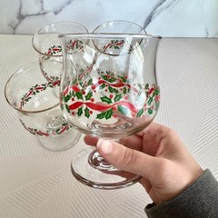 Vintage Libbey Holly Berry Red Ribbon Christmas Dessert Glass Goblet Set of 4