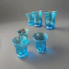 Vintage Mid Century Hand-Blown Spiral Swirl Blue Glasses 6 Mini Small 3″ Footed