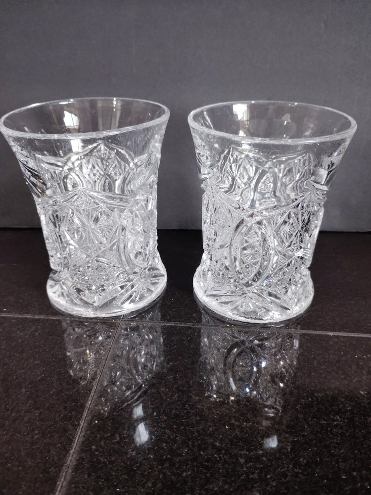 Vintage EAPG Cut Glass Tumblers Hobstar Diamond Pattern Set Of 2