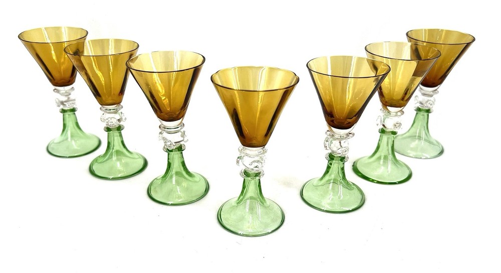 7x Murano Salviati Cordial Liqueur Glasses – Amber Optic – Fluted Green Base Vtg