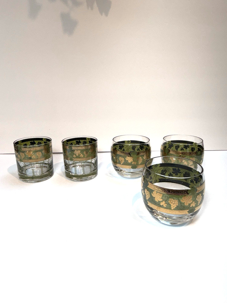 Vintage Green Cera Glass Golden Grapes Barware Set of 5- MCM