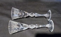 Set of 2 Vintage Etched Blown Glass Tall Stem Cordials Vertical Cuts Swags Dots