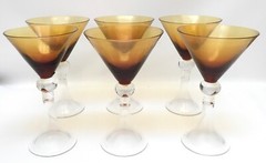 6 Gothic Style Amber Trumpet Stem Martini Glasses 7 1/2”