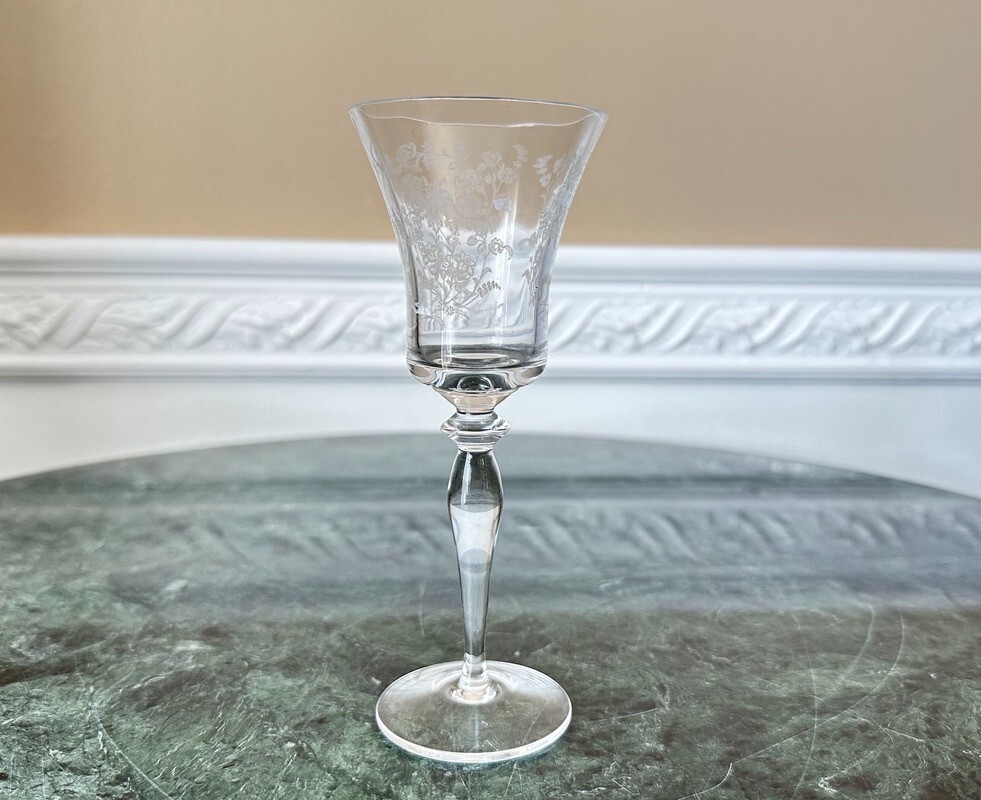 Vintage Etched Floral Scroll Paneled Stemware 6″ Cordial Glass