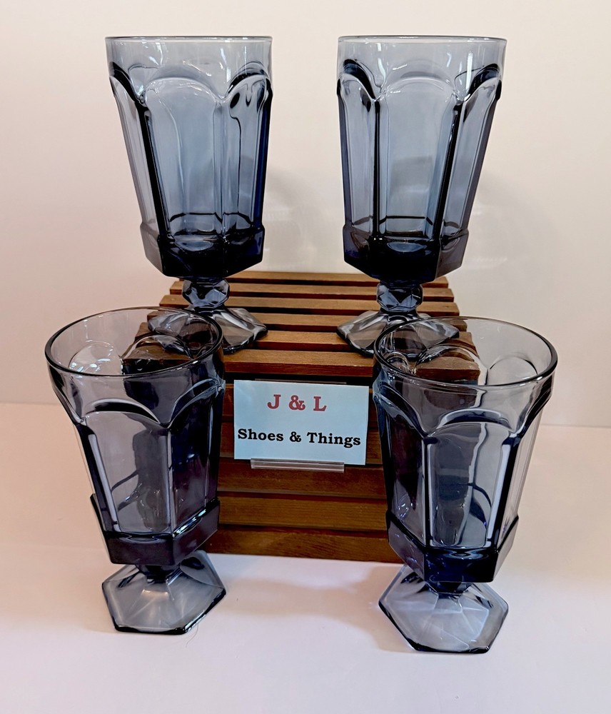 Vintage Fostoria Virginia Dark Blue Set Of 4 Iced Tea Goblets 6 7/8” EUC