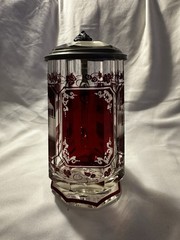 Antique Bohemian Cut Ruby Glass Stein with Prism Lid