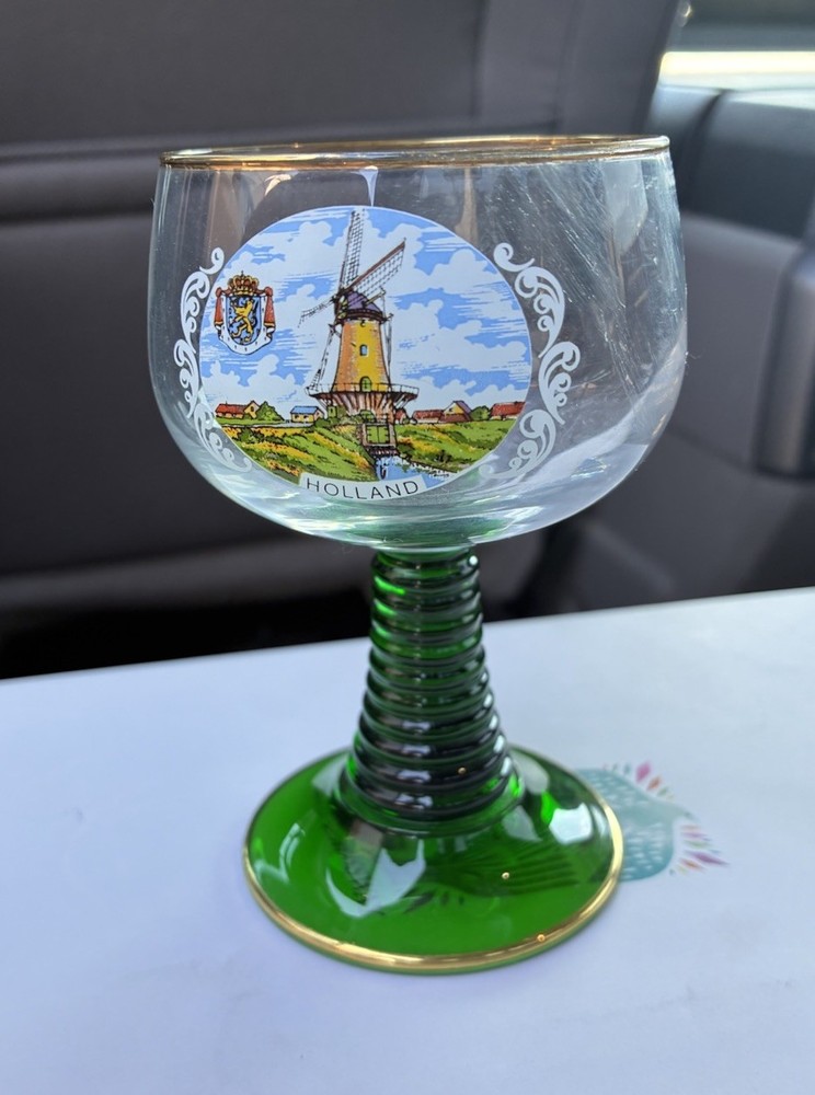Vintage Souvenir Holland Green w/Gold Rim Wine Goblet/Wine Glass 1960s