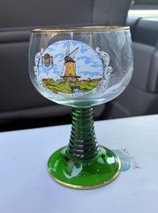 Vintage Souvenir Holland Green w/Gold Rim Wine Goblet/Wine Glass 1960s
