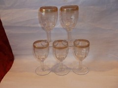 Set of 5 Vintage Etched Crystal Liquor Glasses Fleur de Lis Design 4 1/4”..NICE!