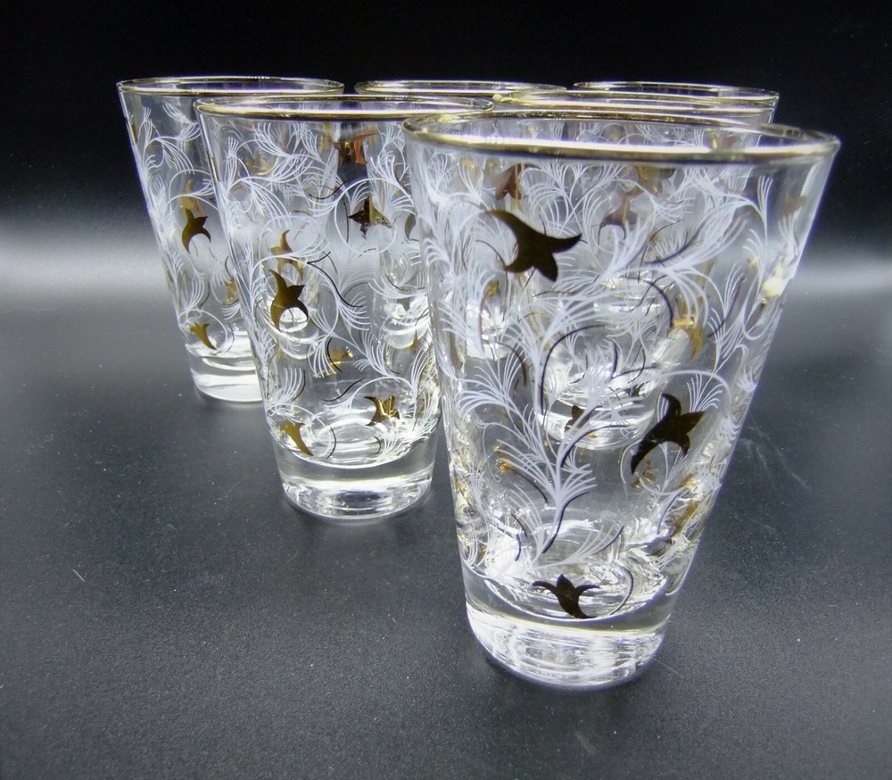 Mid Century Libbey Hi-Ball Tumblers Modern Floral Print Vintage Set of 6