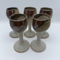 Vtg Set Of 5 Studio Pottery Slim Wine Goblets Dip Glaze Accent 80s Signed Art