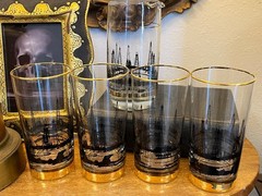 Vintage Culver Glassware Oil Derrick 22K Pitcher (4) Highball Glasses / Barware