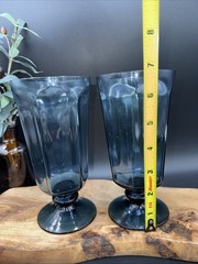 2 Vtg Lenox USA Antique Dark Blue Iced Tea Glasses 6-5/8″ Paneled Stem Footed