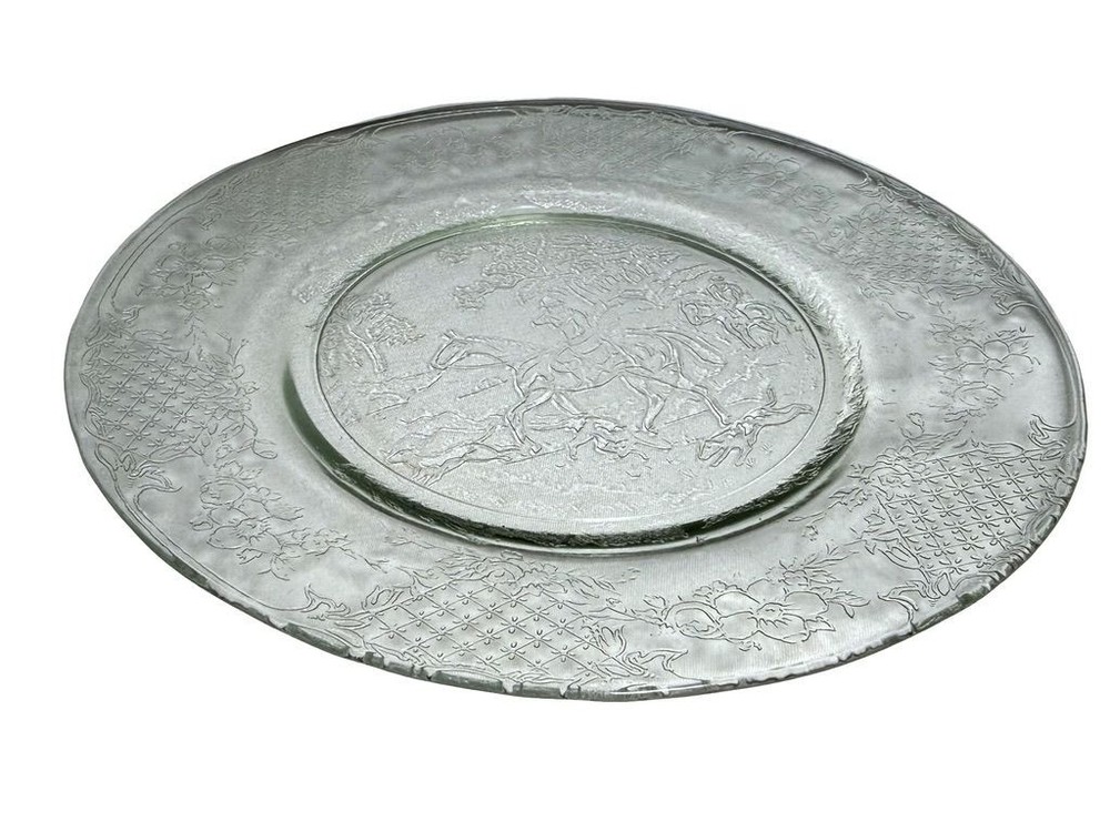 Vintage Glass Plate With Embossed Hunting Scene Elegant Floral Border Set of 6