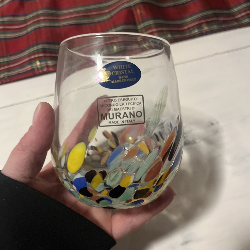 Murano Handblown Confetti Art Tumbler Glass Drinking Cup 4″x 3″ Stemless Wine