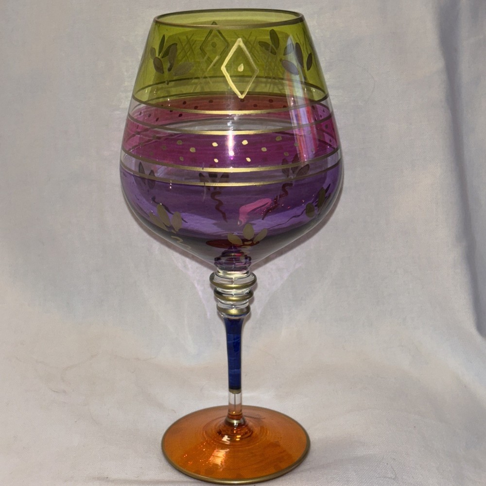2 Romania Euroglass Wine Goblets Multicolor Purple Blue Orange Gold Hand Painted