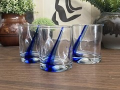 Set of 3 Libbey Blue Ribbon Impressions Cobalt Stripe Dimpled Rocks Glasses