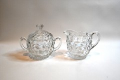 Vintage – FOSTORIA AMERICAN Handled Sugar Bowl w/Lid and Creamer (Stem 2056)