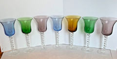 Vintage Jewel Tone Colored Wine Glasses Clear Twisted Stem Harlequin Set of 7
