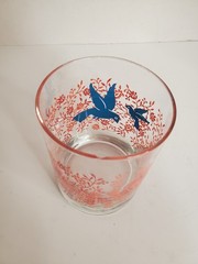 Floral Pink Coral Drinking Glasses Juice Glass W/ Blue Birds 3Pc Set 4″ Rare Vtg