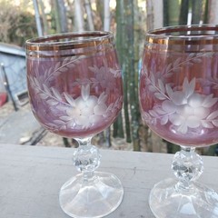 Six 6 Purple Cranberry Engraved Floral Cut to Clear Wine Glasses Goblets Vintage