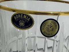 Set of 2 Bohemian Crystal Double Old Fashioned Whiskey Glasses Gold Rim