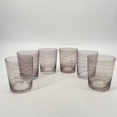 Lot of 6 Pier 1 Old Fashion Lowball Cocktail Glasses Etched smokey grey stemless