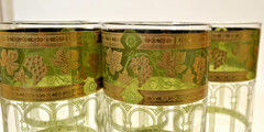 Vintage Cera Glass Water Goblets Grecian Green 22K Gold Grapes Set of 5