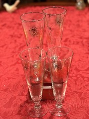 4 Vtg Libbey Granada Atomic Starburst Gold Platinum Footed Pilsner Glasses MCM