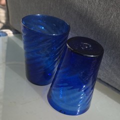 Unmarked Set of 2 Blue Swirl Glass, Hand Blown, Tumbler Glasses, Cobalt Blue