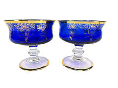 Set of 2 Interglass Italy Cobalt Blue Dessert Coupes – 24K Gold Medici – Wear