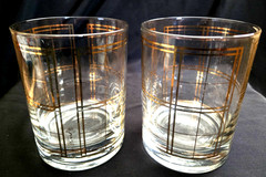 Georges Briard Mid Century Moder VTG Grid Window Pane Glasses Pair Gold 12 oz