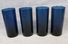 Set 4 TUMBLERS Charcoal Dark Cobalt Blue CRACKLED Glasses Tumblers 5 3/8″ tall