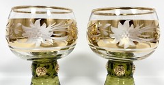 2 Vtg Roemer Hock Wine Glasses Etch Floral Green Gold Prunts Hollow Stem 5 1/2″