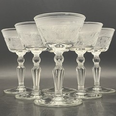 Rock Sharpe 6pc Caprice Crystal Cordials on Libbey Blanks c1930s USA 4.75″t 2oz