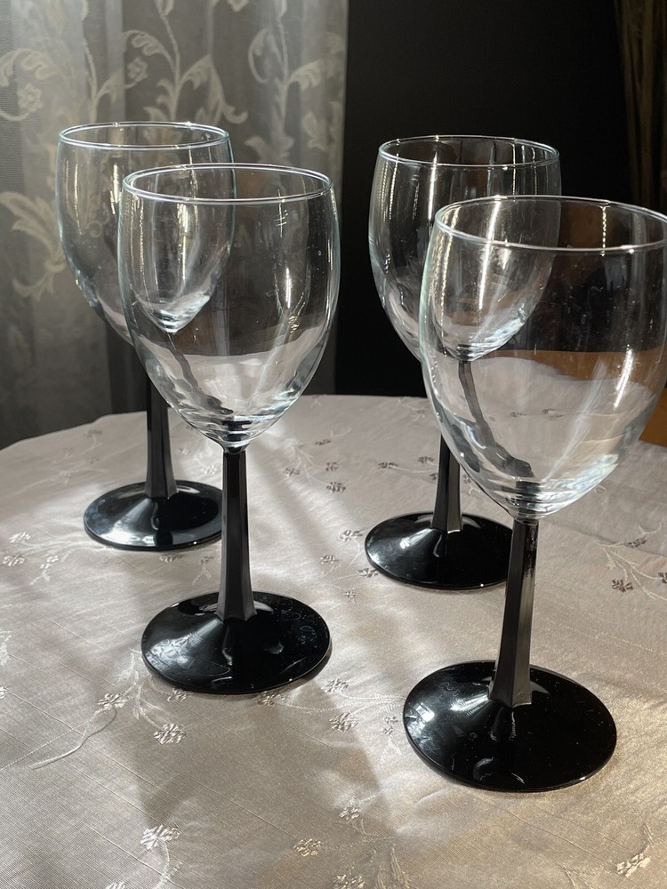 Luminarc France Vintage Domino Black Stemmed 6” Wine Glasses Set of 4