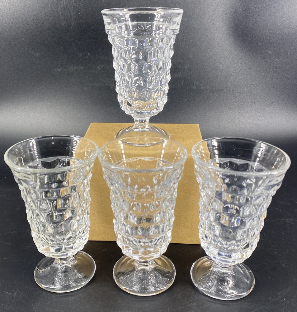 4 Vtg FOSTORIA American Clear 4 3/4” Footed Juice Glasses 2056 Cube 4.5 Oz