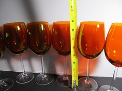 Amber Orange Clear Stem Set of 7 Wine / Water Crystal Luster Goblets 8-1/2” Tall