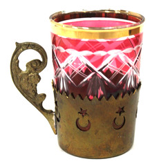 Antique Wheel Cut Ruby Flash Glass Tumbler w/ Brass Holder – Stars & Moons