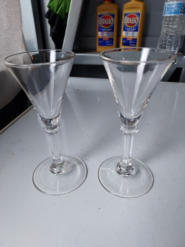 Set of 2 cocktail, glasses, 6 inches tall and 2 and a 1/2 inches wide.