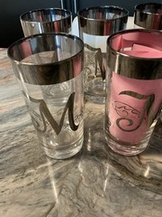 Set of 6 Vintage SILVER RIM MONOGRAM INITIAL «M” TALL GLASSES MCM