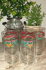 5-Vtg TIENSHAN TRADITIONS 12 Oz Christmas Pinecones Red Green Glass Tumblers