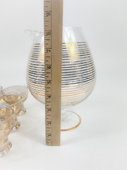 VTG Footed Pitcher & (6) 4oz Glasses Barware Art Deco Gold Striped Set MCM 60oz.