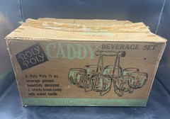 8 Federal Glass MCM Gold Black Harlequin Roly Poly Atomic Barware /caddy in BOX