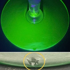 Fostoria Uranium Glass 2pc Etched Stem Wine Glasses c1930s Made in USA 7″t 8oz
