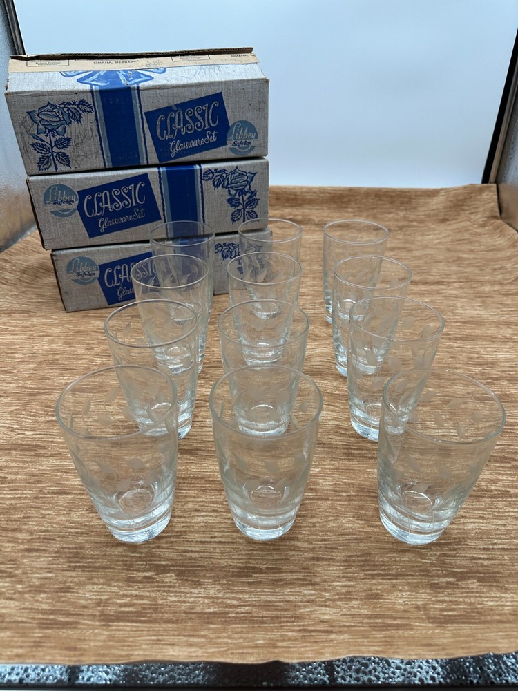 Lot 12 Libby Safedge Classic #597 Tumbler Etched Leaf NEW w/Boxes MCM