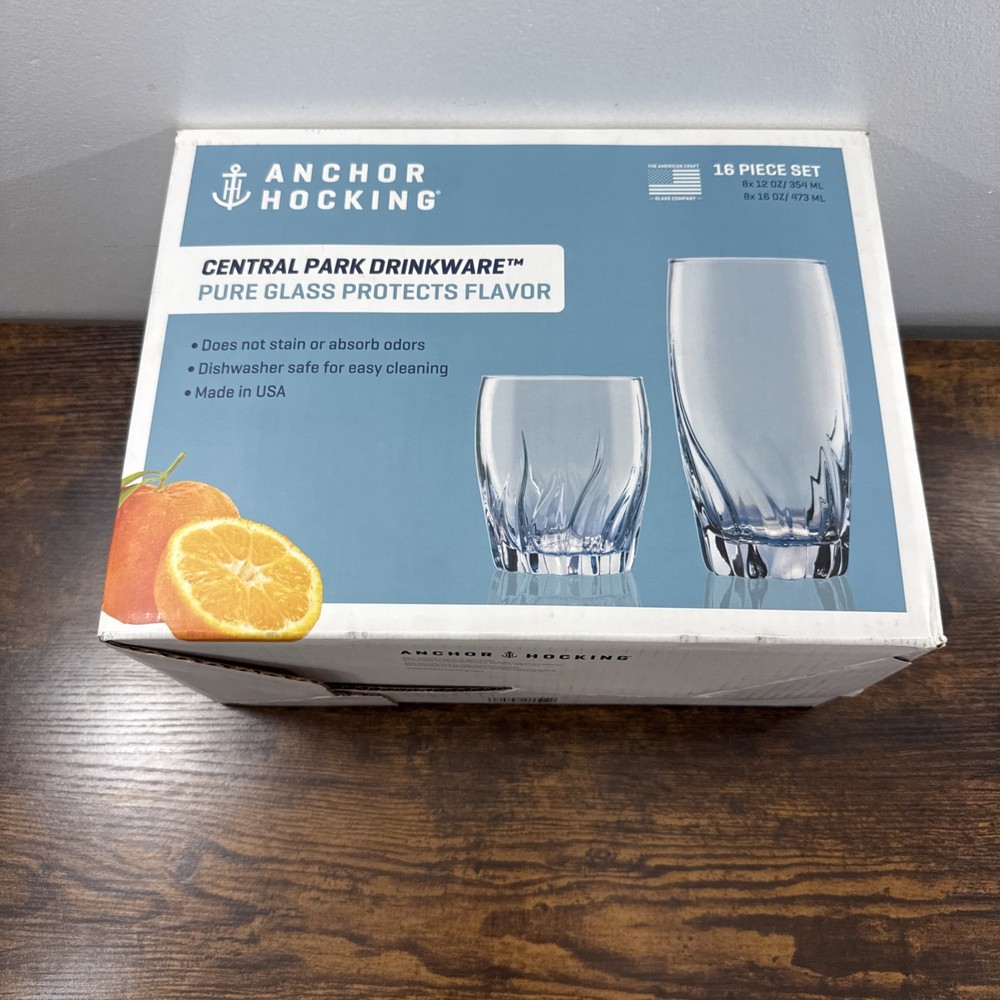 Anchor Hocking Central Park Drinkware 12-Piece Glass Set 12oz & 16oz Made USA