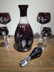 VTG Ruby Cut To Clear Crystal Decanter Wine Cordial Glass Set Bohemian Style MCM