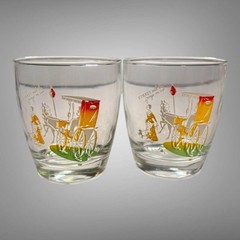 Vintage Anchor Hocking Set Of 6 Transportation Scenes Low Ball Rocks Glasses